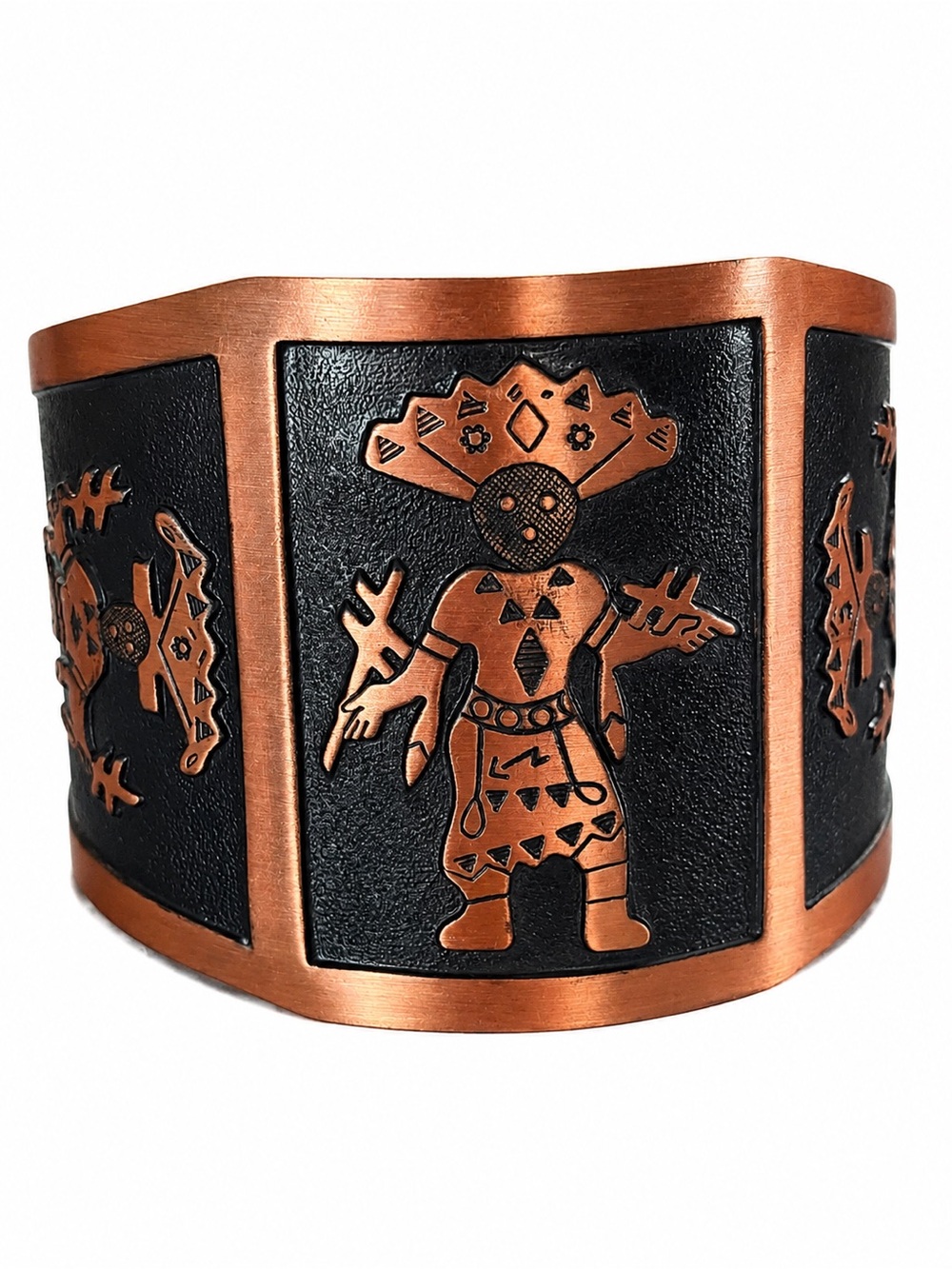 Vintage Southwestern Copper Cuff Bracelet Kokopelli Geometric Tribal Motif